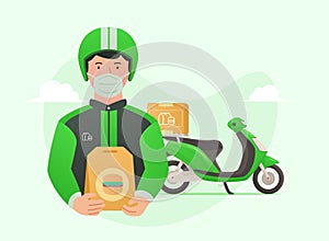 Driver online motorcycle taxi delivery food burger to customer order through application