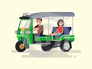 Driver and passenger three-wheeled tuk-tuk taxi. Vector illustration