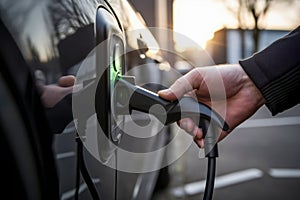 A driver\'s hand plugging in an electric car charger at a public charging station, on a background of sunset.