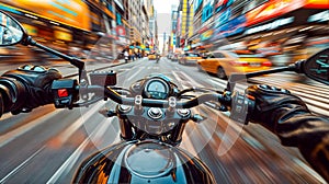 Driver\'s point of view on a powerful motorcycle, hands gripping handlebars, speeding through bustling city streets