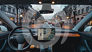 Driver's view from inside a car at dusk in a bustling city street. Urban commute concept with modern vehicle