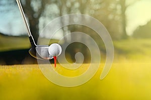 Driver with teed golf ball on course photo