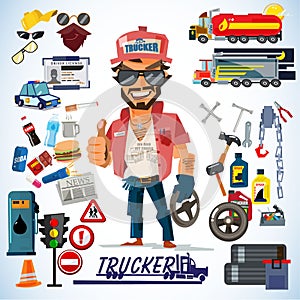 Driver, Trucker. Truck Driver character design with icon set. ty