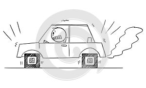 Driver Trying to Drive Car With Square Wheels, Problem, Disadvantage or Weakness of Technology, Vector Cartoon Stick