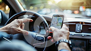 Driver using GPS navigation in mobile phone while driving car, Mobile phone with GPS navigation