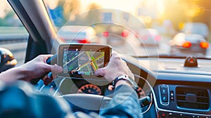 Driver using GPS technology on the highway to access real time navigation traffic updates and optimal route guidance for a smooth photo