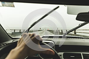 Driver& x27;s point of view on large bridge near Astoria, Oregon