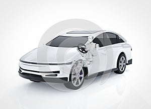 Driverless car or autonomous car with white ev car or electric vehicle with cyborg