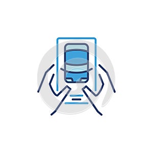 Driverless Car connected via Smartphone vector blue icon