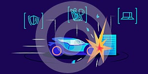 Driverless car crash test flat color vector illustration