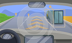 Driverless car highway moving concept background, cartoon style