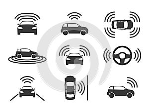 Driverless car icons. Autonomous driving cars, gps navigation on road. Smart self-driving vehicles, electric robotic