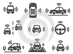 Driverless car icons. Autonomous robotic car, smart driving vehicles, navigation mobile lines road, eco technology
