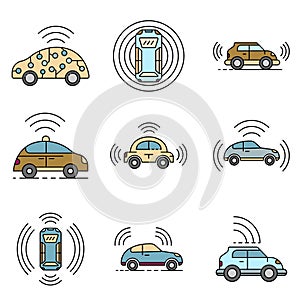 Driverless car icons set line color vector