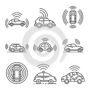 Driverless car icons set, outline style