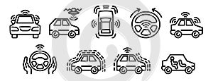 Driverless car icons set, outline style