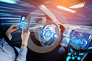 Driverless car interior with futuristic dashboard for autonomous control system