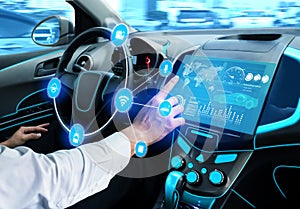 Driverless car interior with futuristic dashboard for autonomous control system photo