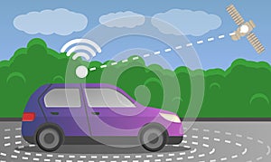Driverless car satellite concept background, cartoon style