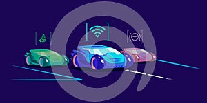 Driverless cars flat color vector illustration