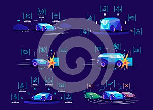 Driverless cars flat color vector illustrations set