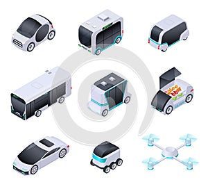 Driverless cars. Future smart vehicles. Unmanned city transport, autonomous truck and drone. Isometric vector isolated