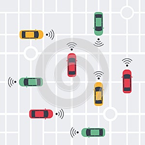 Driverless smart Car, autonomous vehicle, auto with autopilot with wireless waves and city map background. Top view