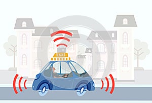Driverless taxi car rides around town. Vector illustration.