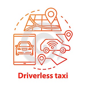 Driverless taxi concept icon. Robo-Cab. Navigation in autonomous car. Rout for self-driving vehicle. Mobile taxi service