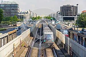 Driverless train on pneumatic wheels in Paris Metro