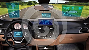 Driverless vehicle, autonomous sedan car with infographic data driving on the road, inside view, 3D render