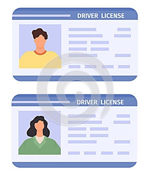 Drivers id card. Woman and man driving licences with photo. Flat plastic identity document icon. Personal driver badges