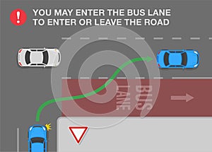 Drivers may enter the bus lane to enter or leave the road. Top view of a city road with bus lane.