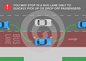 Drivers may enter the bus lane to quickly pick up or drop off passengers. Top view of a city road with bus lane.