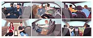 Drivers and passengers in car interiors. People in private cars, police officers in company vehicle, delivery service