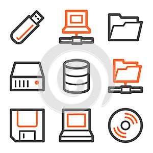 Drives and storage web icons, orange-gray contour
