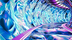 Driving along a bright futuristic corridor. 3D rendering