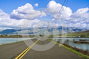 Driving through Alviso marsh towards Don Edwards National Wildlife Refuge Visitor Center located in south San Francisco bay; part