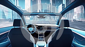 Driving autonomous car in the city with view from the inside. Generative AI