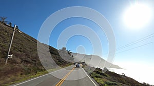 Driving in Big Sur California Cabrillo Highway 1 coast road, pov south