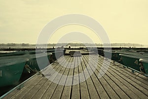 Driving by the boat on the lake.