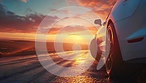 Driving a car against the backdrop of sunset and countryside