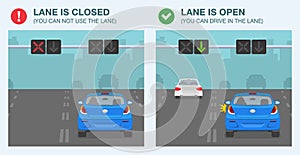 Driving a car. Blue sedan car on a highway with lane control lights. Traffic or road rules meaning.