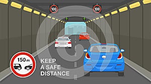 Driving a car. City highway tunnel road. Keep a safe distance road sign.