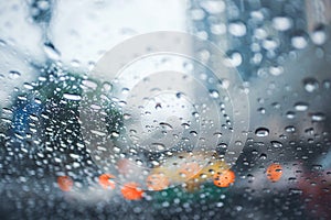 Driving car on road in the rain with raindrop over the wind shield