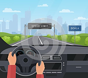Driving car safety concept vector illustration. Cartoon flat human driver hands drive automobile on asphalt road with