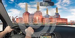 Driving a car towards Battersea Power Station, London, UK