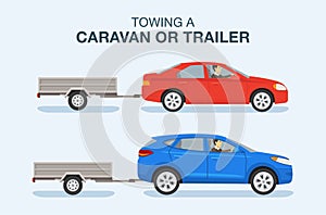 Driving a car. Towing a caravan or trailer. Side view of a red sedan and blue suv car on a city road.