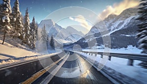 Driving a car on a winter road through snow covered mountains.