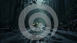 Driving through the dark forest, a car speeds through the fog generated by AI